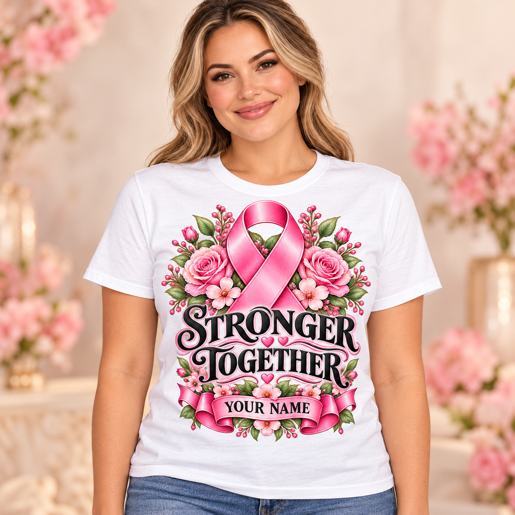 Illustrative lifestyle mockup: Stronger Together personalized T-shirt, White, worn by an adult woman; names shown are customization examples.