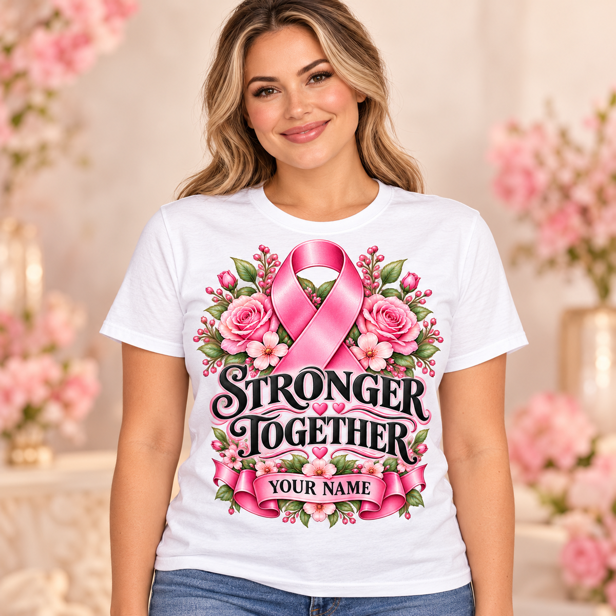 Illustrative lifestyle mockup: Stronger Together personalized T-shirt, White, worn by an adult woman; names shown are customization examples.