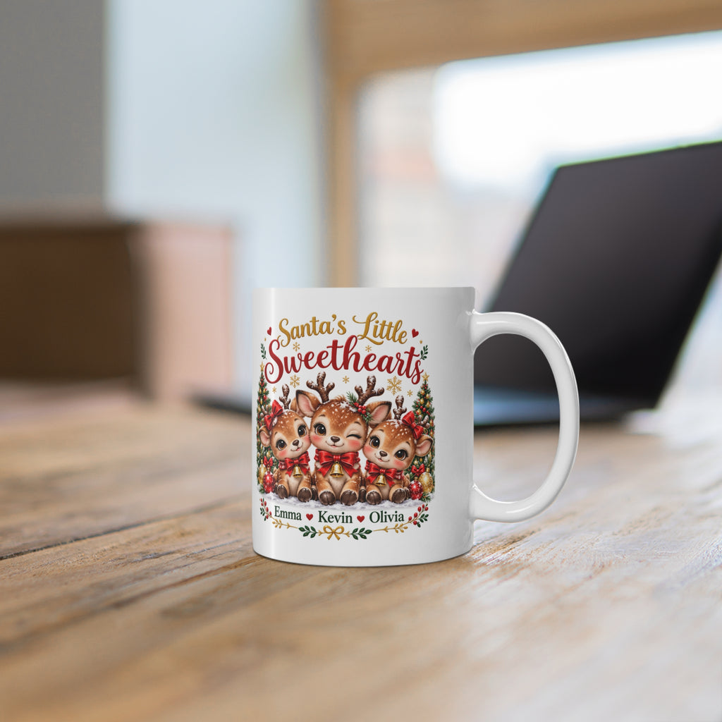 Santa’s Little Sweethearts Personalized Christmas Mug – Custom Reindeer Gift, 11oz