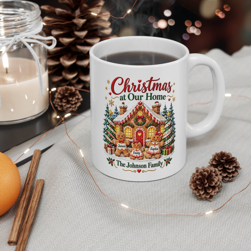 Christmas at Our Home Personalized Christmas Mug – Custom Gingerbread Family Gift, 11oz