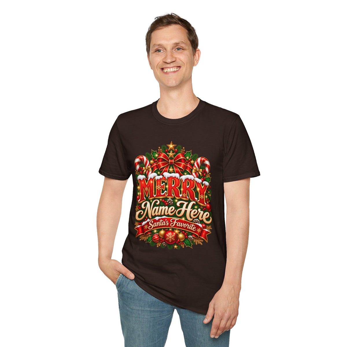 Merry "Name Here" Personalized Christmas T-Shirt — Santa's Favorite Holiday Tee