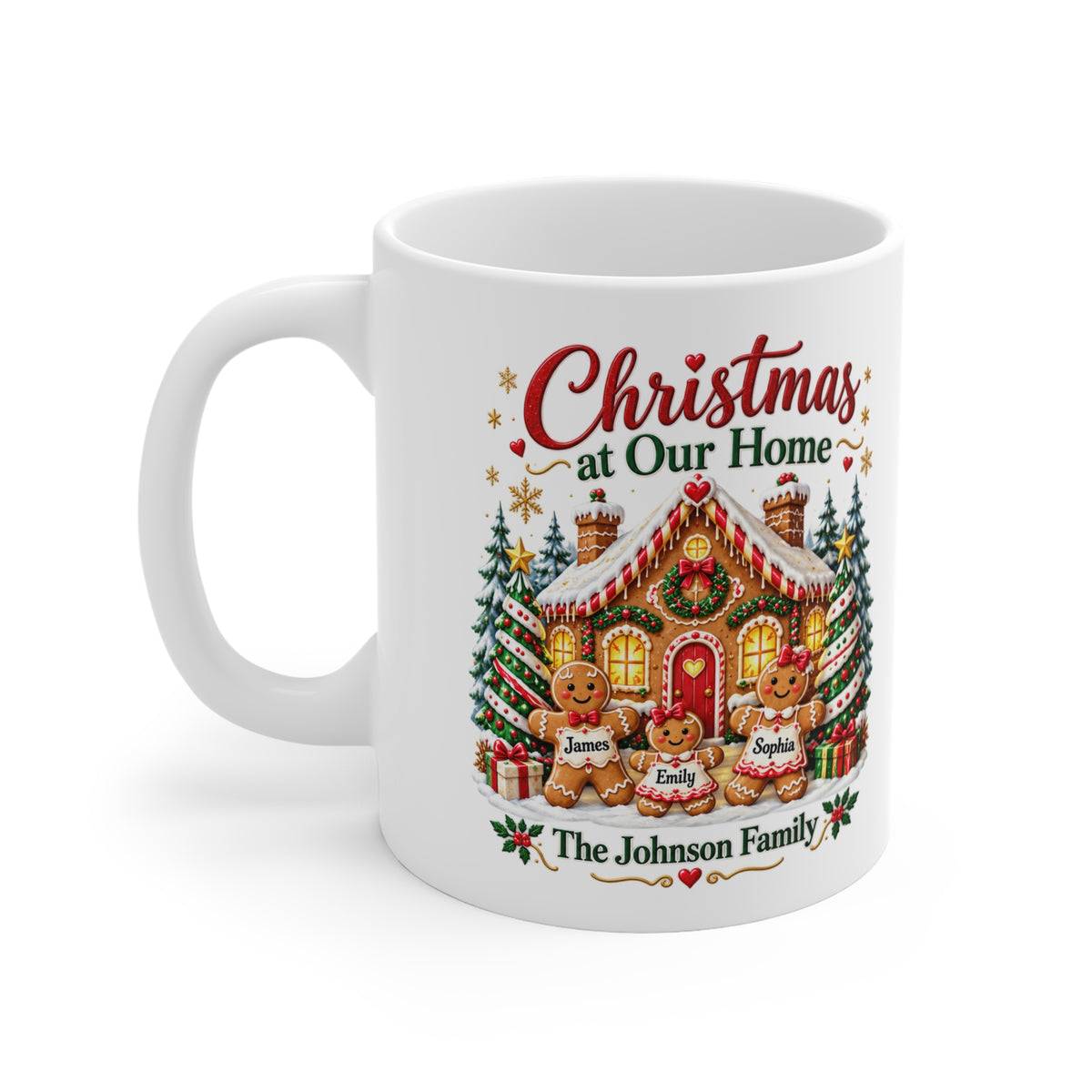 Christmas at Our Home Personalized Christmas Mug – Custom Gingerbread Family Gift, 11oz