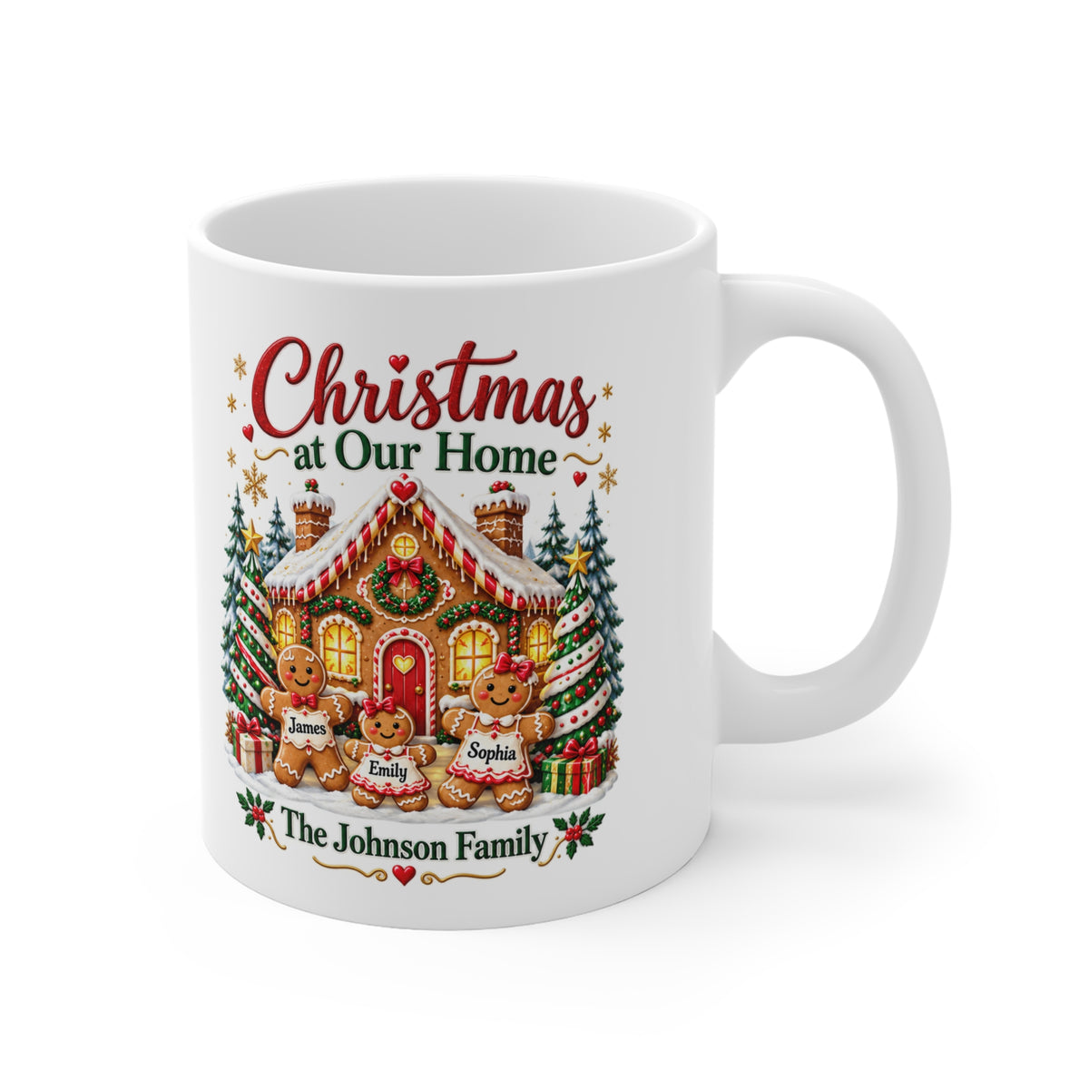 Christmas at Our Home Personalized Christmas Mug – Custom Gingerbread Family Gift, 11oz