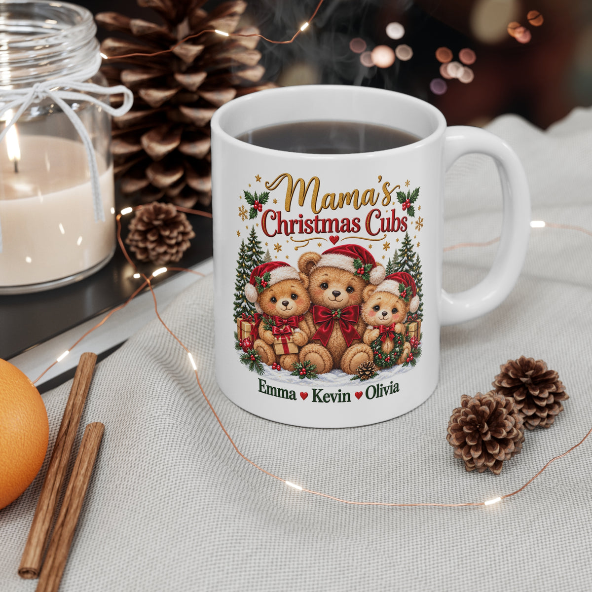 Mama’s Christmas Cubs Personalized Christmas Mug – Custom Teddy Bear Gift, 11oz