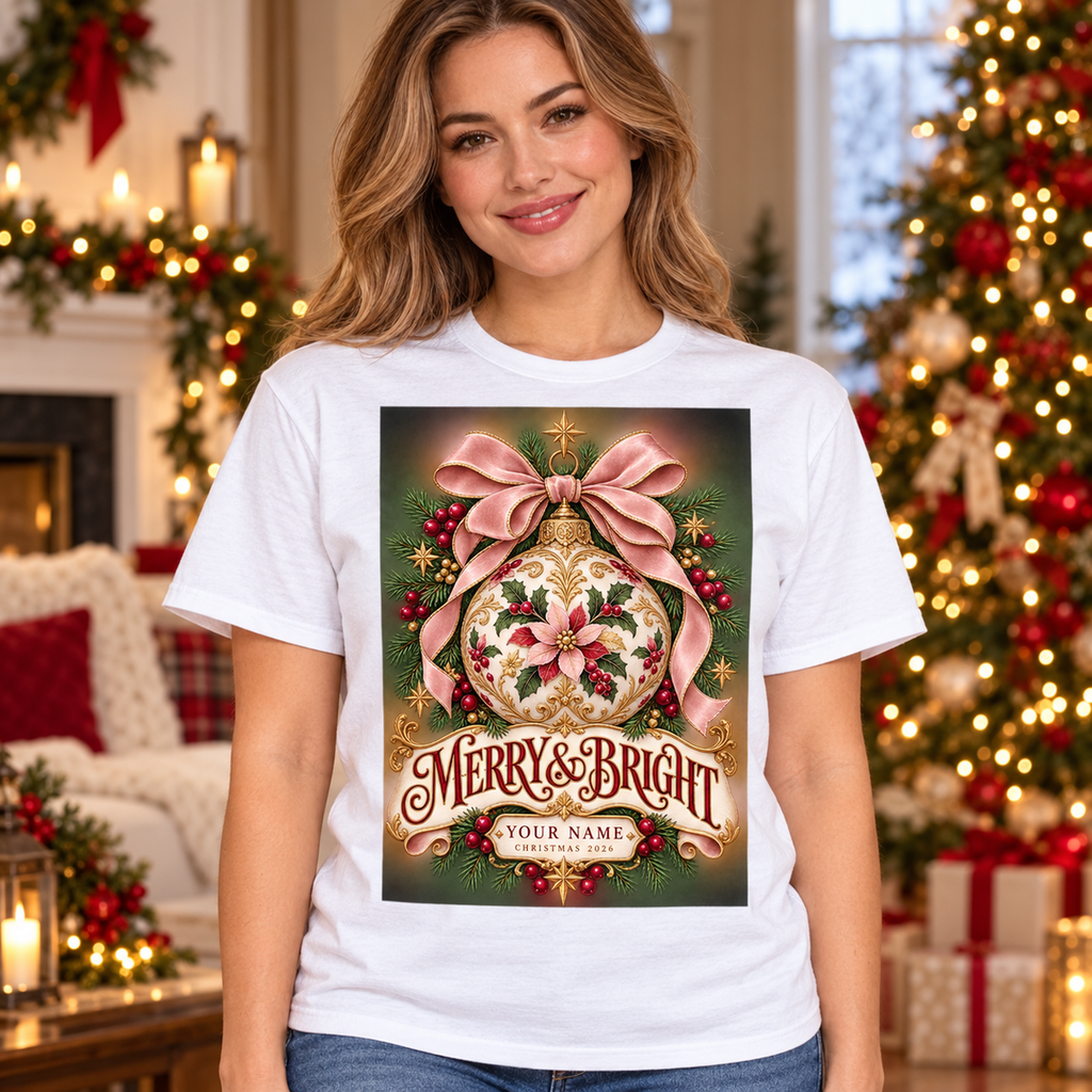 Illustrative lifestyle mockup: Merry & Bright personalized T-shirt, White, worn by an adult woman; names shown are customization examples.