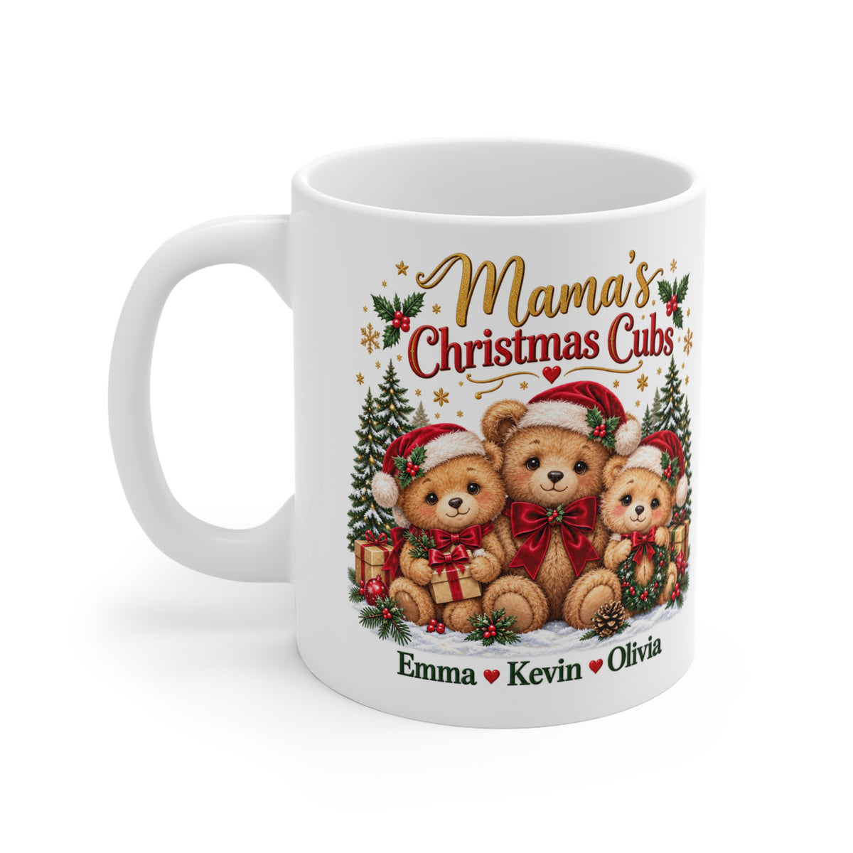 Mama’s Christmas Cubs Personalized Christmas Mug – Custom Teddy Bear Gift, 11oz