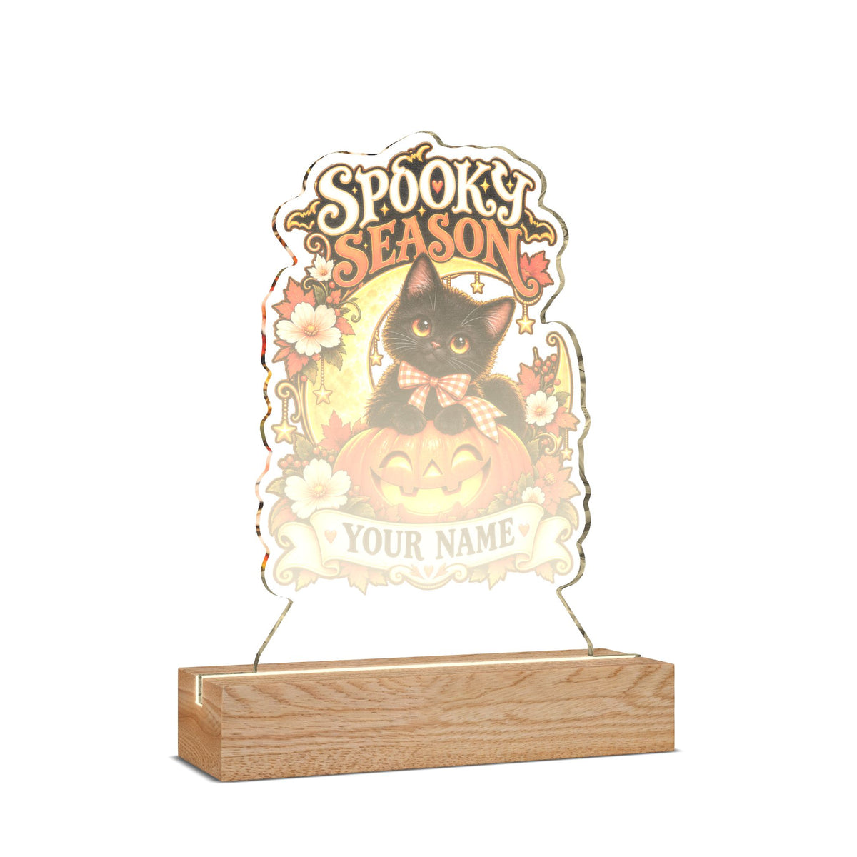 Spooky Season Personalized Halloween Acrylic Night Light – Black Cat & Pumpkin