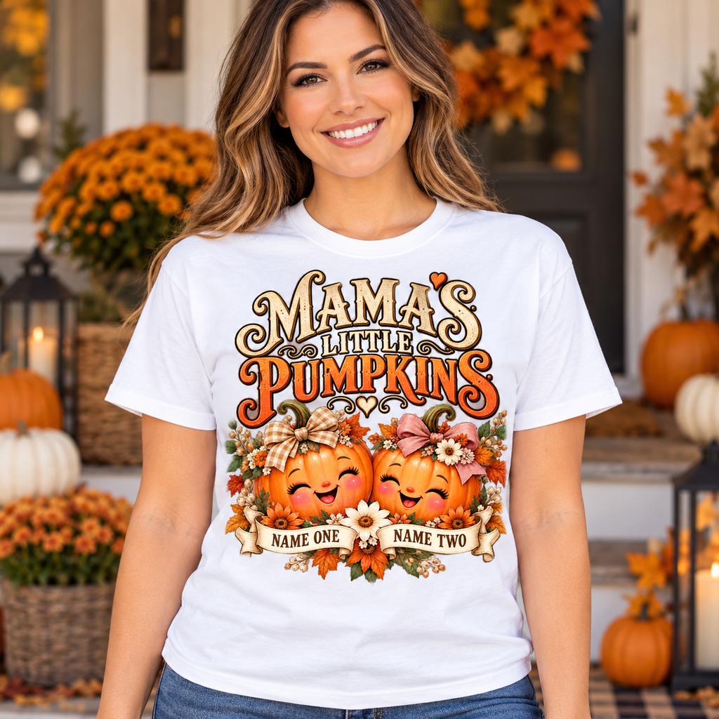 Illustrative lifestyle mockup: Mama’s Little Pumpkins personalized T-shirt, White, worn by an adult woman; names shown are customization examples.