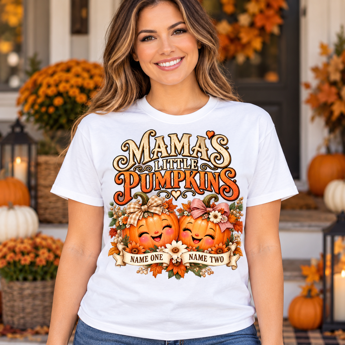 Illustrative lifestyle mockup: Mama’s Little Pumpkins personalized T-shirt, White, worn by an adult woman; names shown are customization examples.