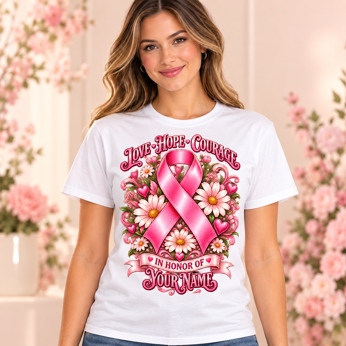 Illustrative lifestyle mockup: Love, Hope, Courage personalized T-shirt, White, worn by an adult woman; names shown are customization examples.