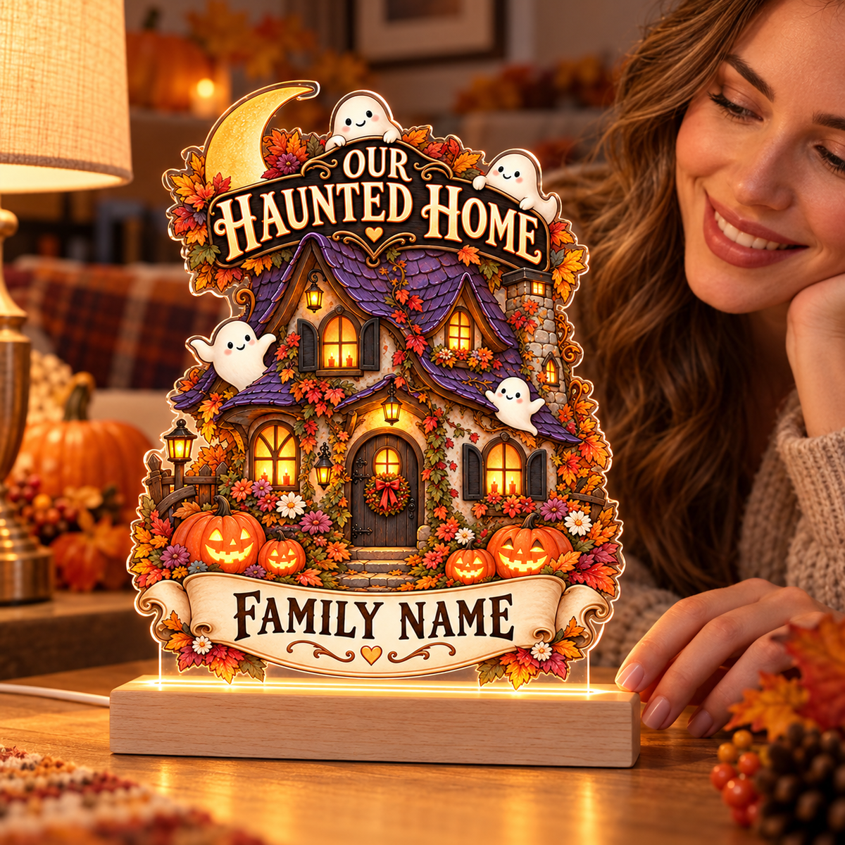 Illustrative lifestyle mockup of Our Haunted Home Personalized Halloween Acrylic Night Light – Custom Family Name with example personalization