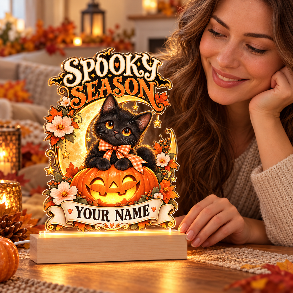 Illustrative lifestyle mockup of Spooky Season Personalized Halloween Acrylic Night Light – Black Cat & Pumpkin with example personalization