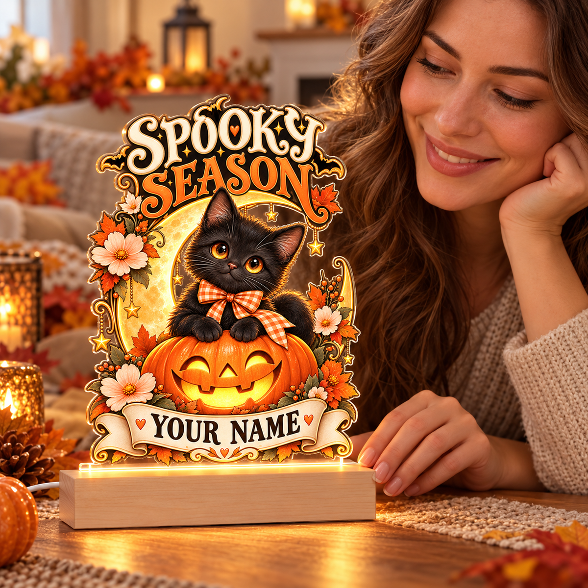 Illustrative lifestyle mockup of Spooky Season Personalized Halloween Acrylic Night Light – Black Cat & Pumpkin with example personalization