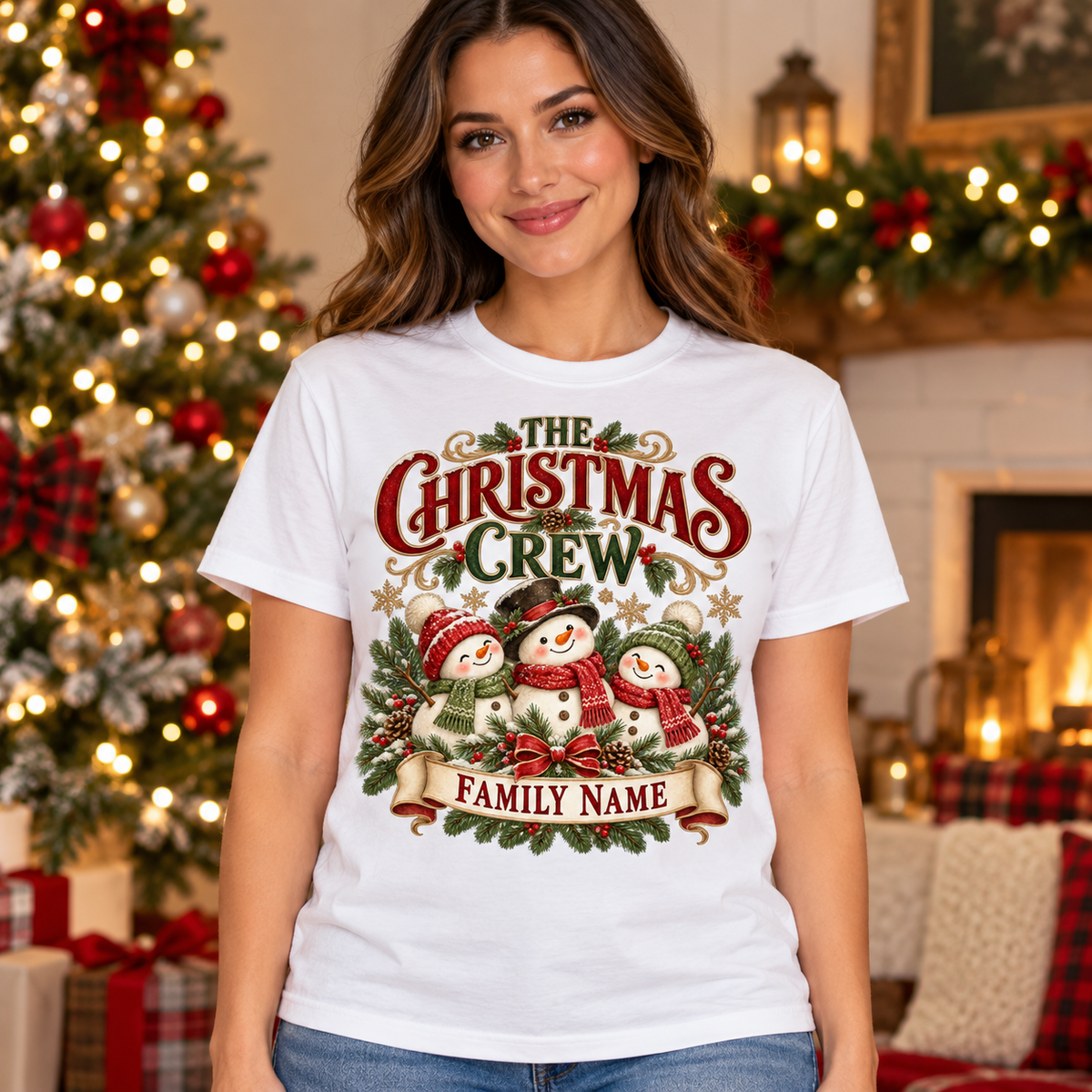 Illustrative lifestyle mockup: The Christmas Crew personalized T-shirt, White, worn by an adult woman; names shown are customization examples.