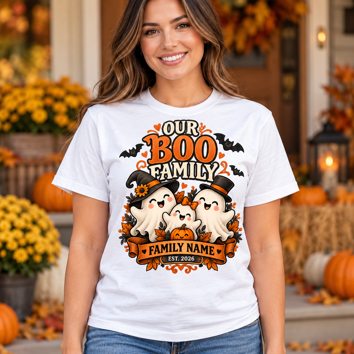 Illustrative lifestyle mockup: Our Boo Family personalized T-shirt, White, worn by an adult woman; names shown are customization examples.