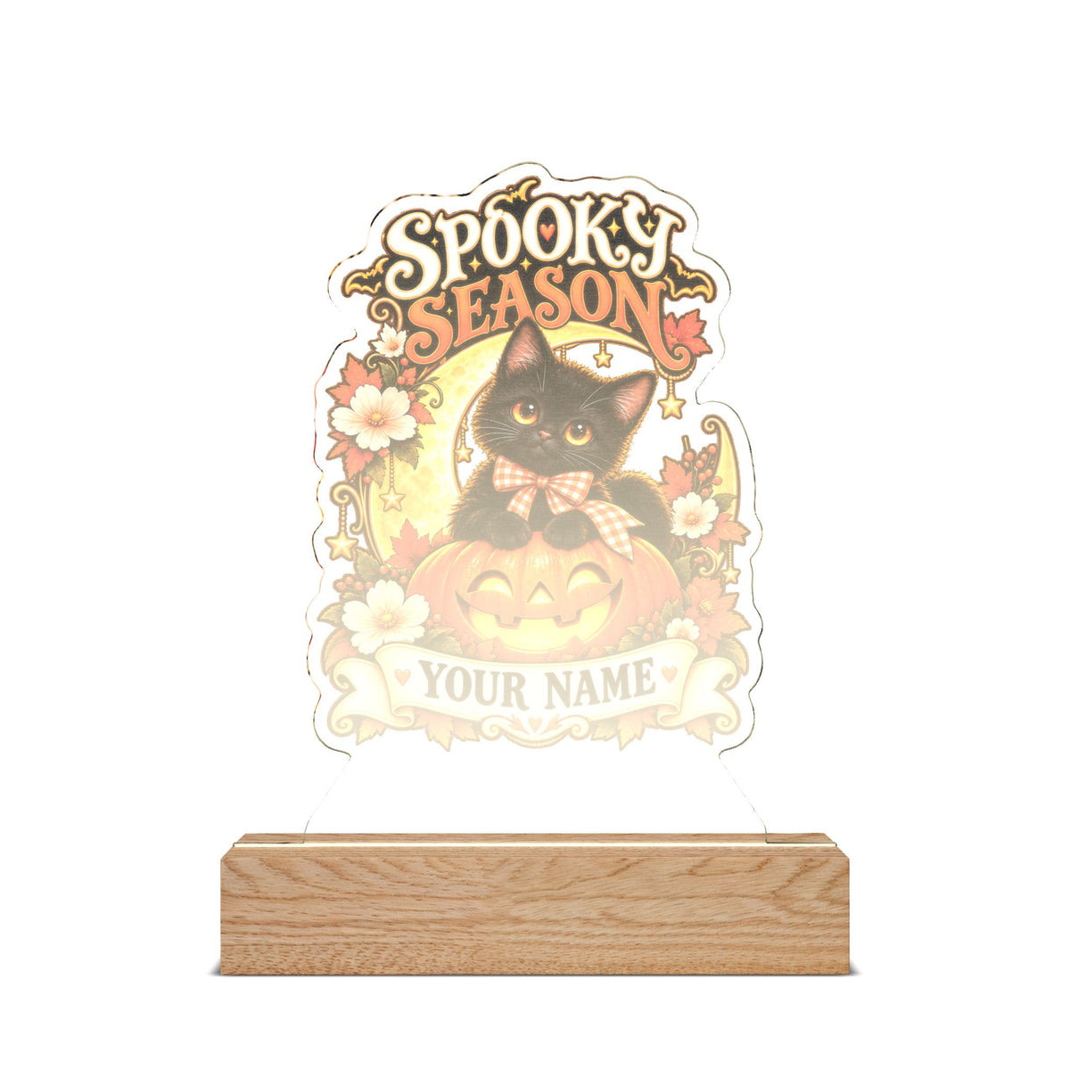 Spooky Season Personalized Halloween Acrylic Night Light – Black Cat & Pumpkin