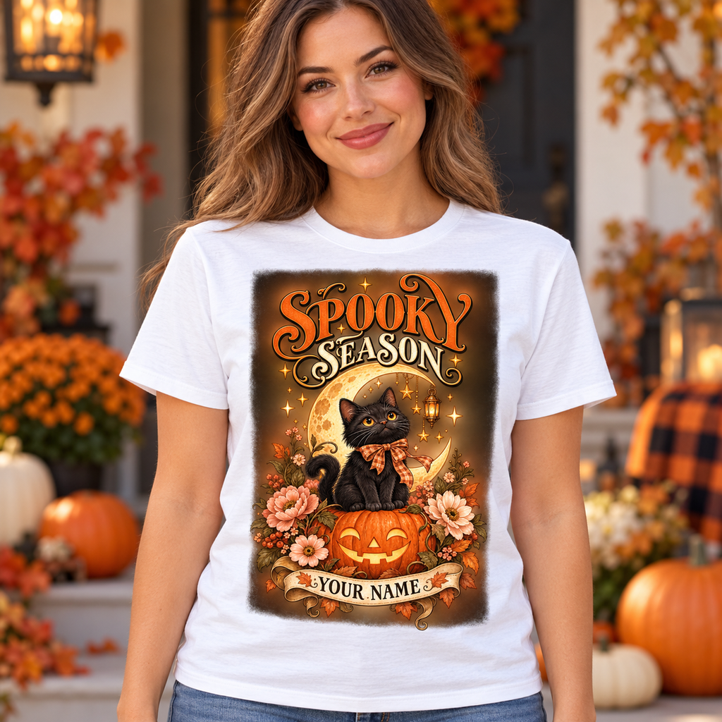 Illustrative lifestyle mockup: Spooky Season personalized T-shirt, White, worn by an adult woman; names shown are customization examples.