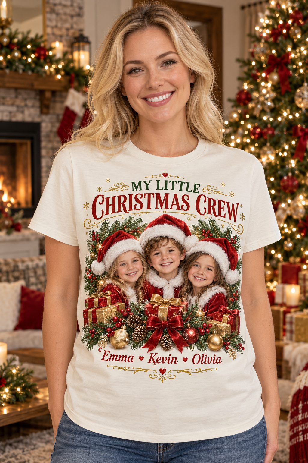 MY LITTLE CHRISTMAS CREW personalized Christmas photo shirt lifestyle mockup