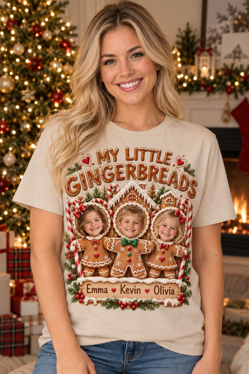 MY LITTLE GINGERBREADS personalized Christmas photo shirt lifestyle mockup