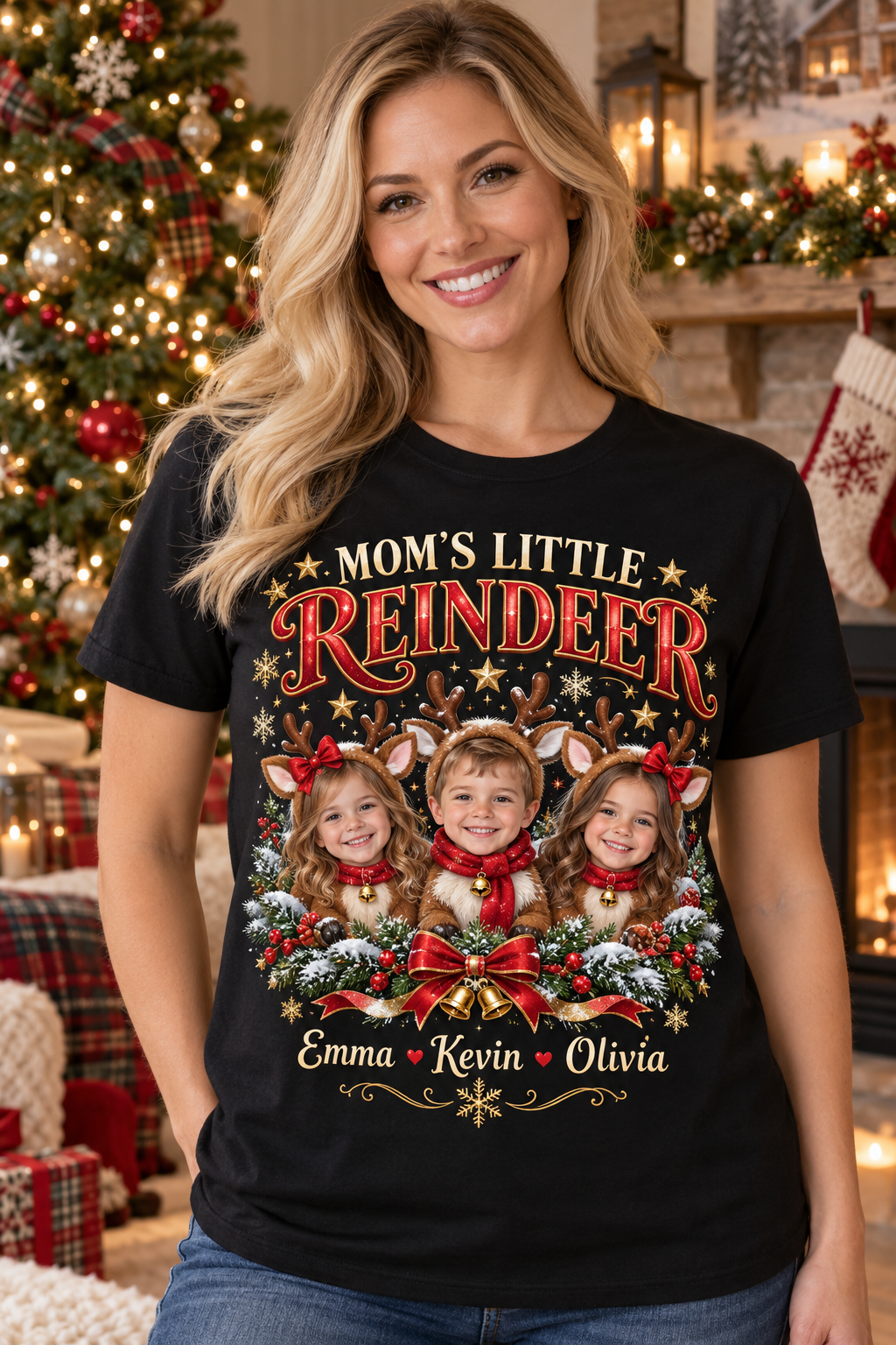 MOM'S LITTLE REINDEER personalized Christmas photo shirt lifestyle mockup