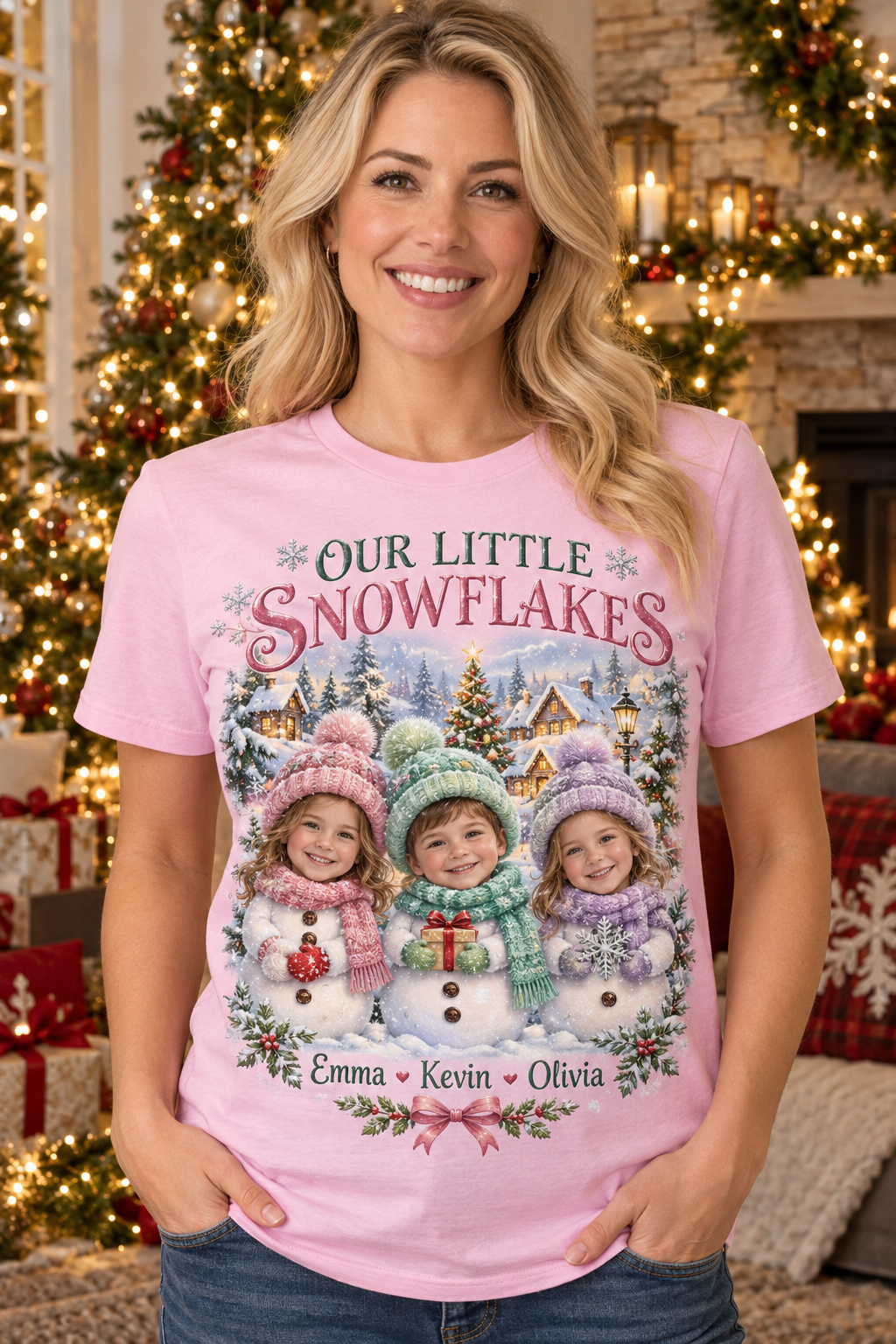 OUR LITTLE SNOWFLAKES personalized Christmas photo shirt lifestyle mockup