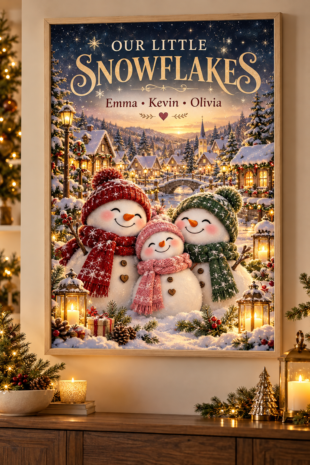 Personalized Christmas wall art lifestyle mockup — OUR LITTLE SNOWFLAKES