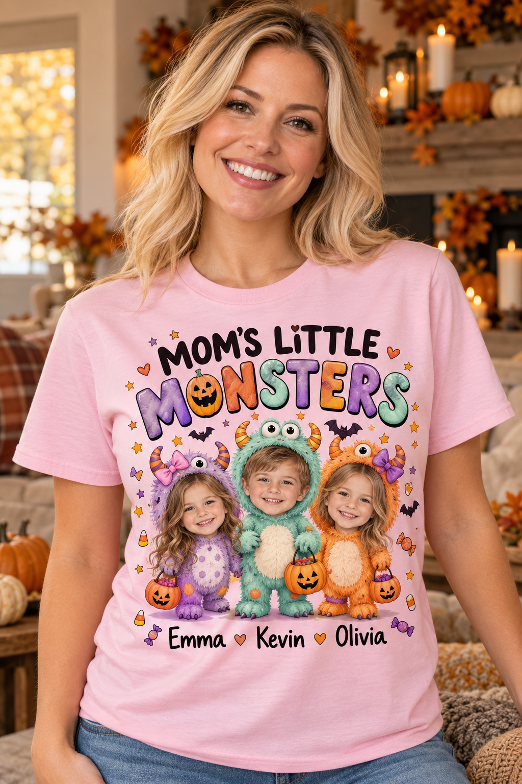 Custom child photos Halloween family shirt — MOM'S LITTLE MONSTERS