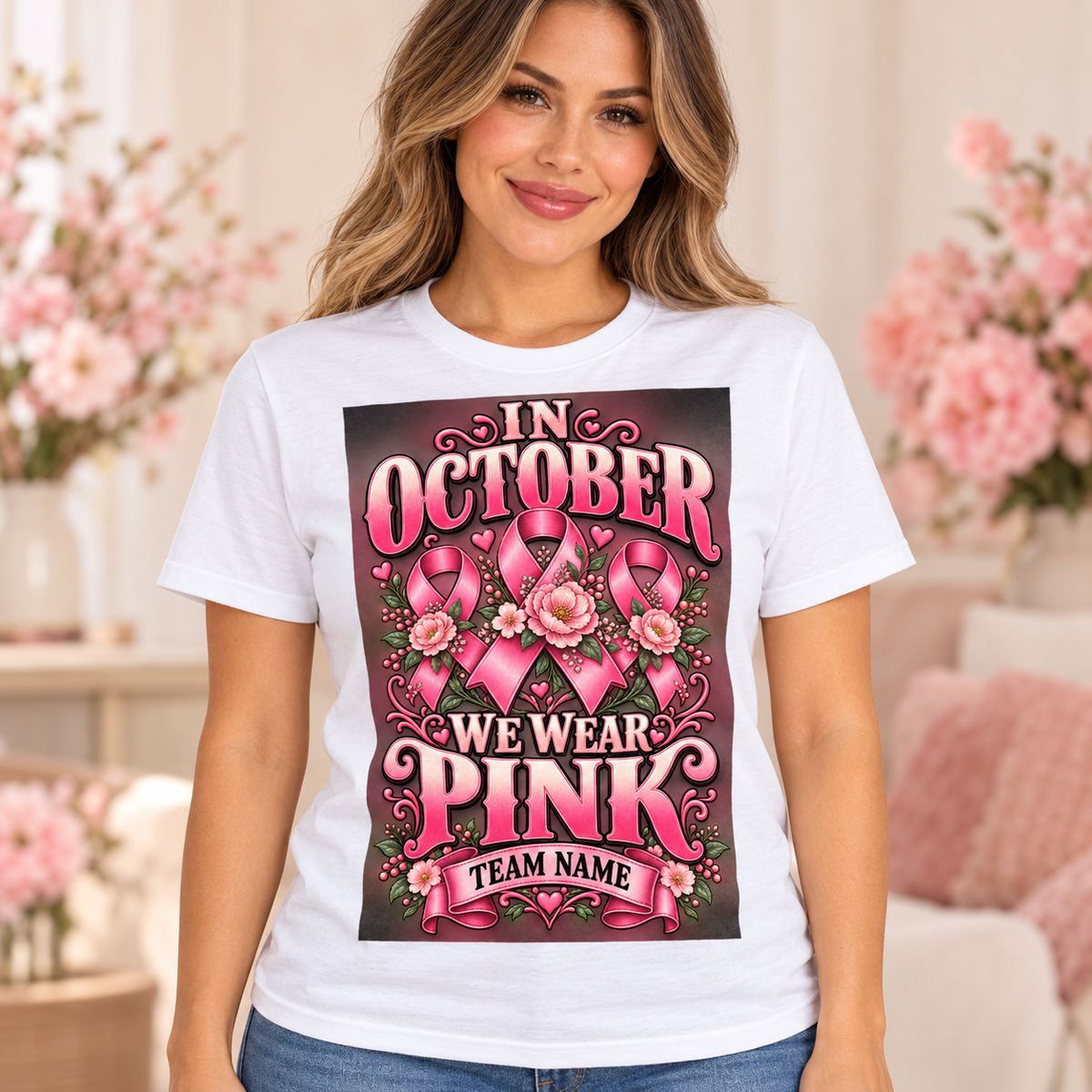 Illustrative lifestyle mockup: In October We Wear Pink personalized T-shirt, White, worn by an adult woman; names shown are customization examples.
