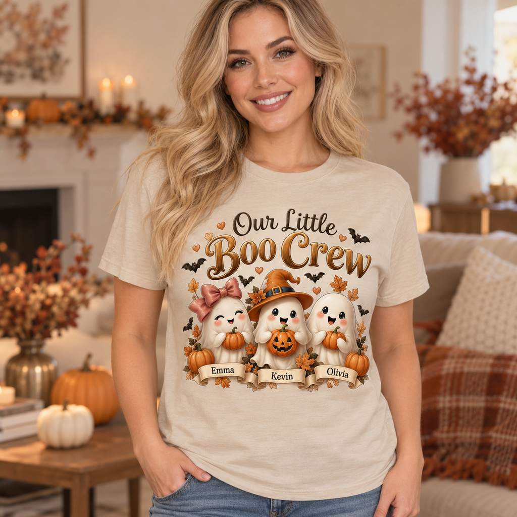 Our Little Boo Crew personalized Halloween T-shirt on smiling blonde woman — illustrative lifestyle mockup
