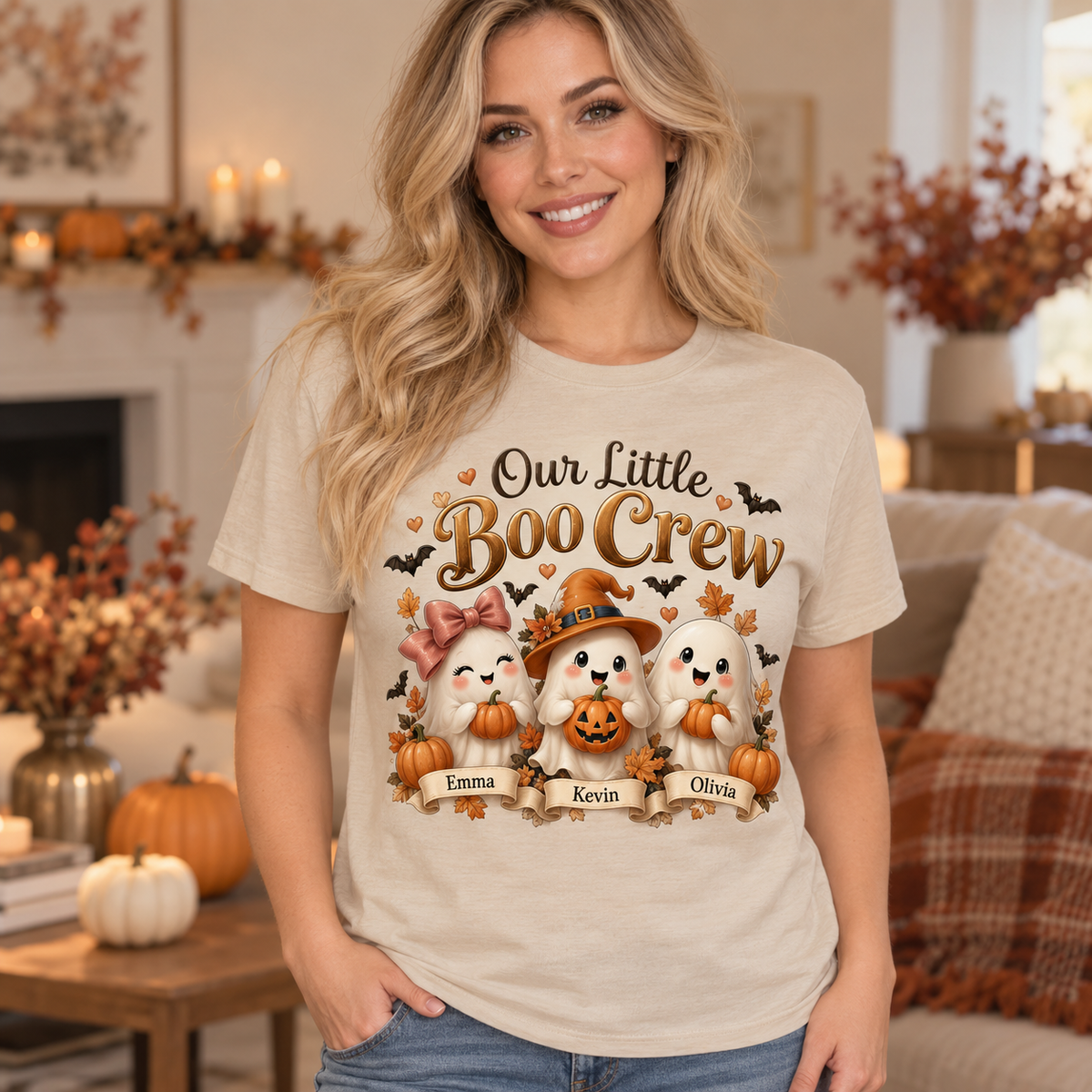 Our Little Boo Crew personalized Halloween T-shirt on smiling blonde woman — illustrative lifestyle mockup