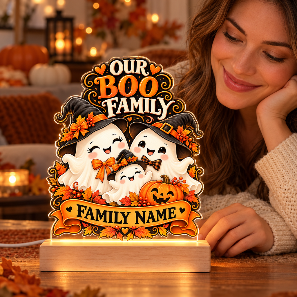 Illustrative lifestyle mockup of Our Boo Family Personalized Halloween Acrylic Night Light – Custom Family Name with example personalization