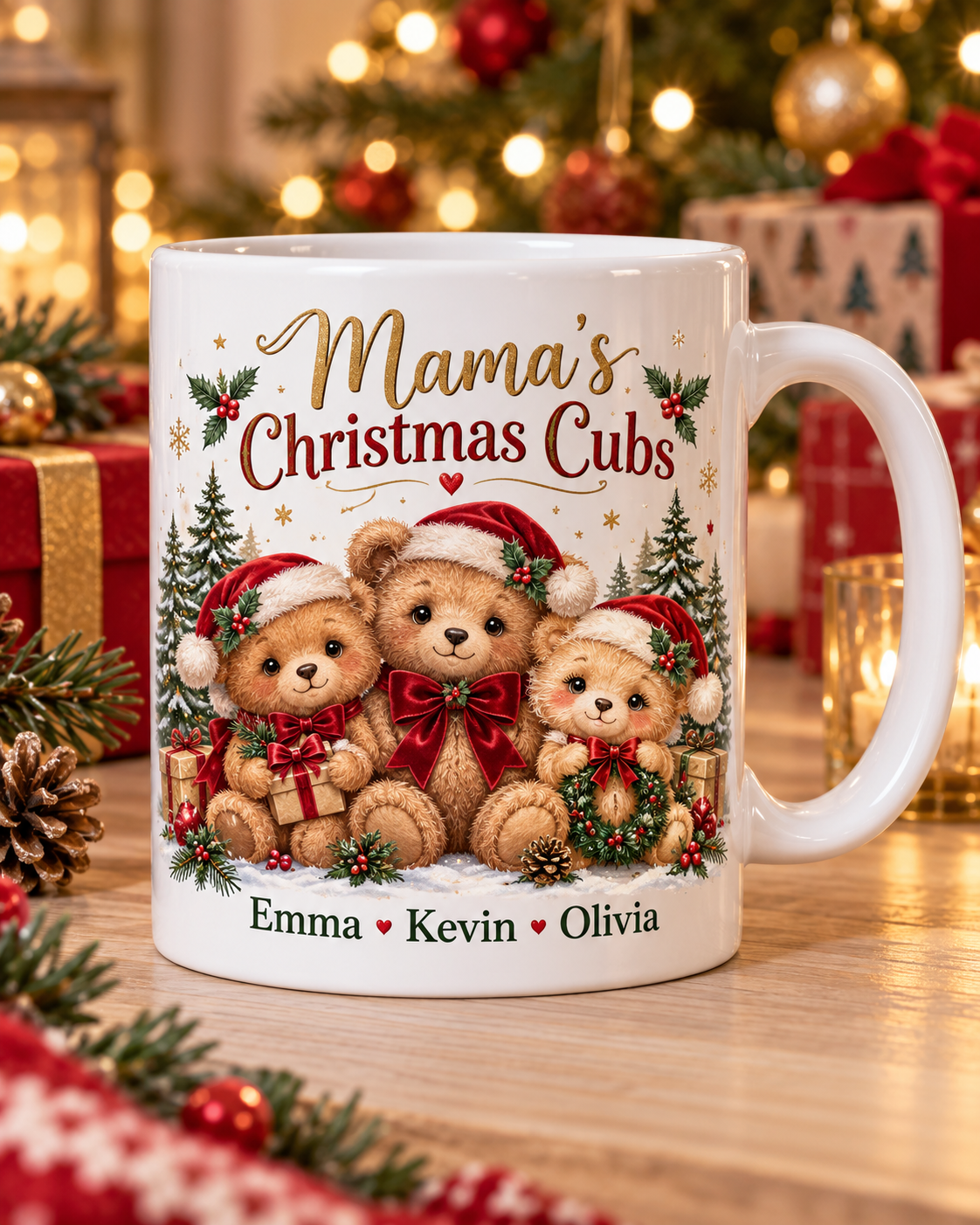 Mama’s Christmas Cubs – personalized white Christmas mug, custom names