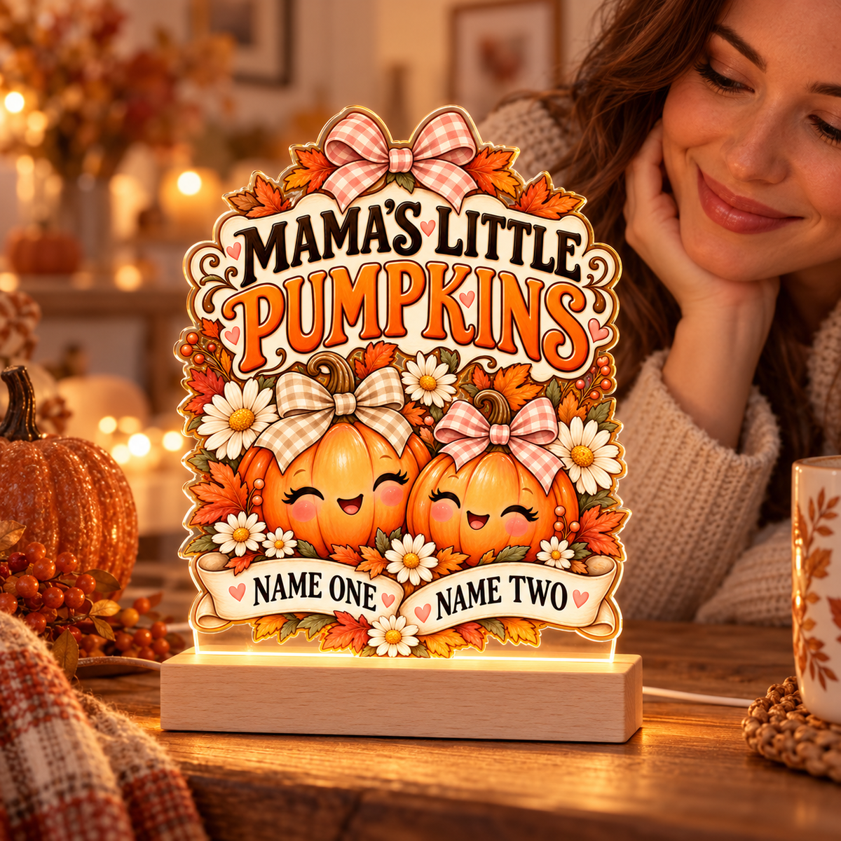 Illustrative lifestyle mockup of Mama’s Little Pumpkins Personalized Halloween Acrylic Night Light – Two Custom Names with example personalization