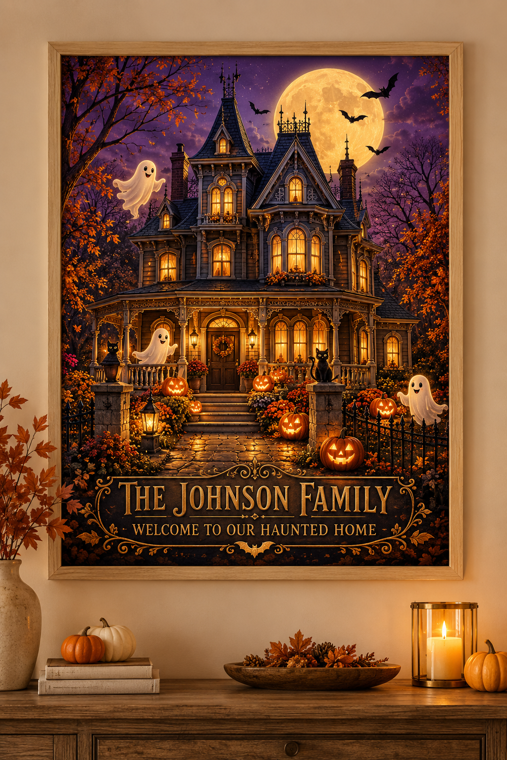 Welcome to Our Haunted Home personalized Halloween framed artwork – custom family names