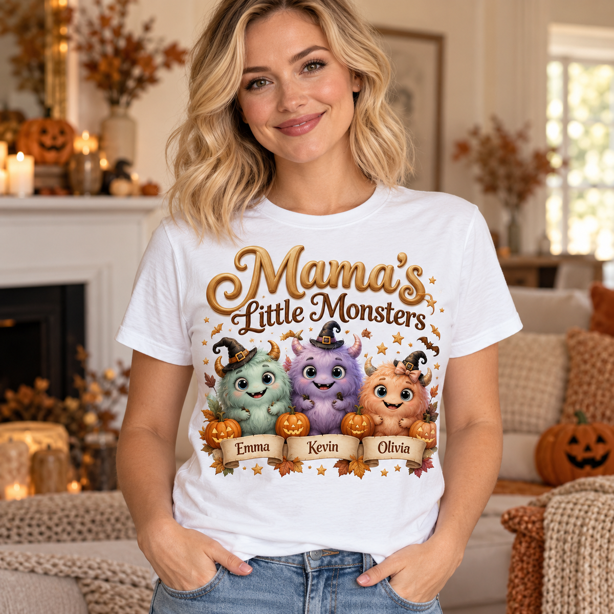 Mama’s Little Monsters personalized Halloween T-shirt on smiling blonde woman — illustrative lifestyle mockup