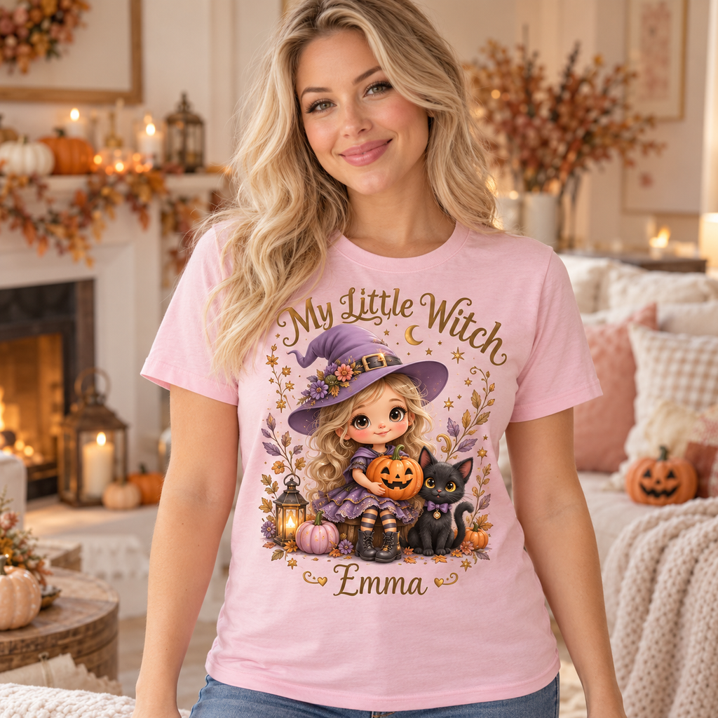 My Little Witch personalized Halloween T-shirt on smiling blonde woman — illustrative lifestyle mockup