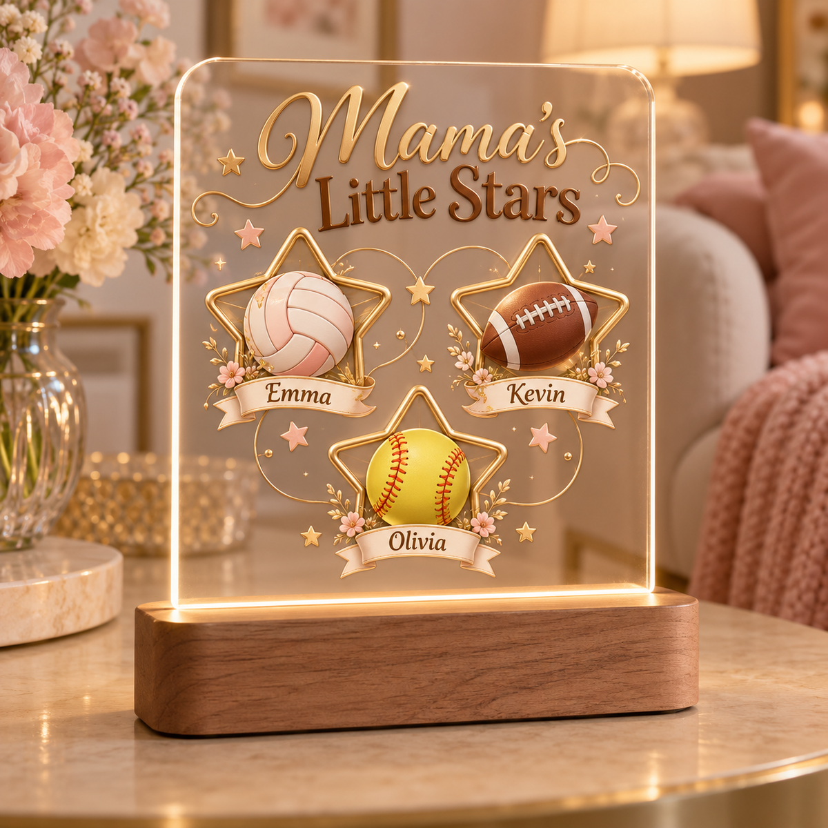 Mama’s Little Stars personalized sports mom LED lamp with Emma volleyball, Kevin football and Olivia softball, printed 3D effect