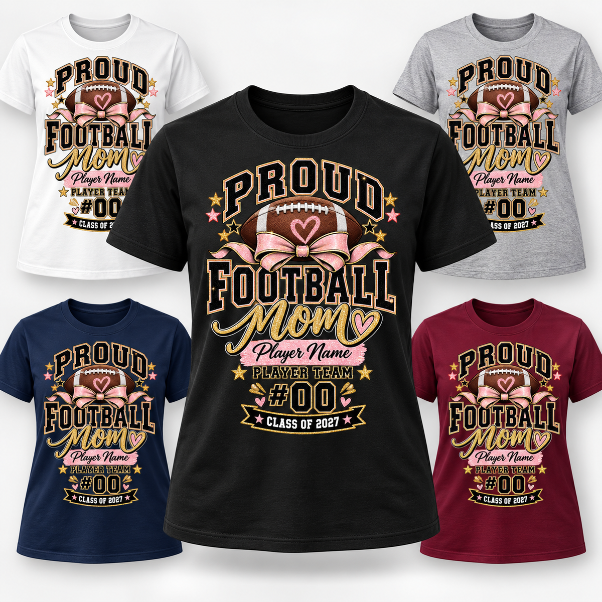 T-shirt Proud Football Mom personnalisé – Pink Bow, Player Name, Team & Number