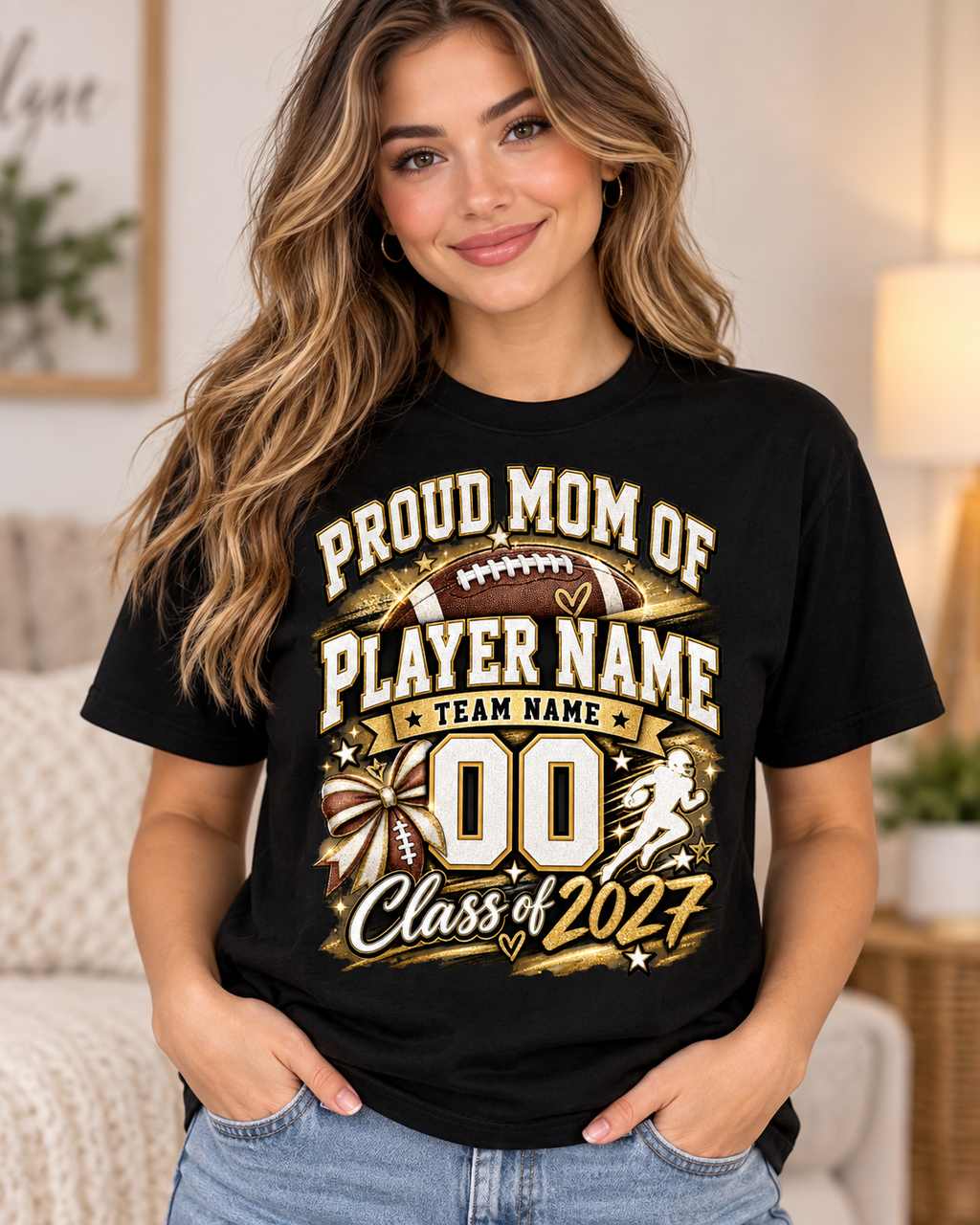 Personalized Proud Football Mom black T-shirt mockup