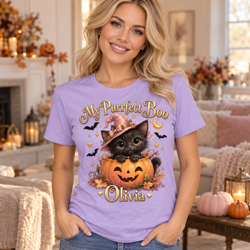 My Purrfect Boo personalized Halloween T-shirt on smiling blonde woman — illustrative lifestyle mockup